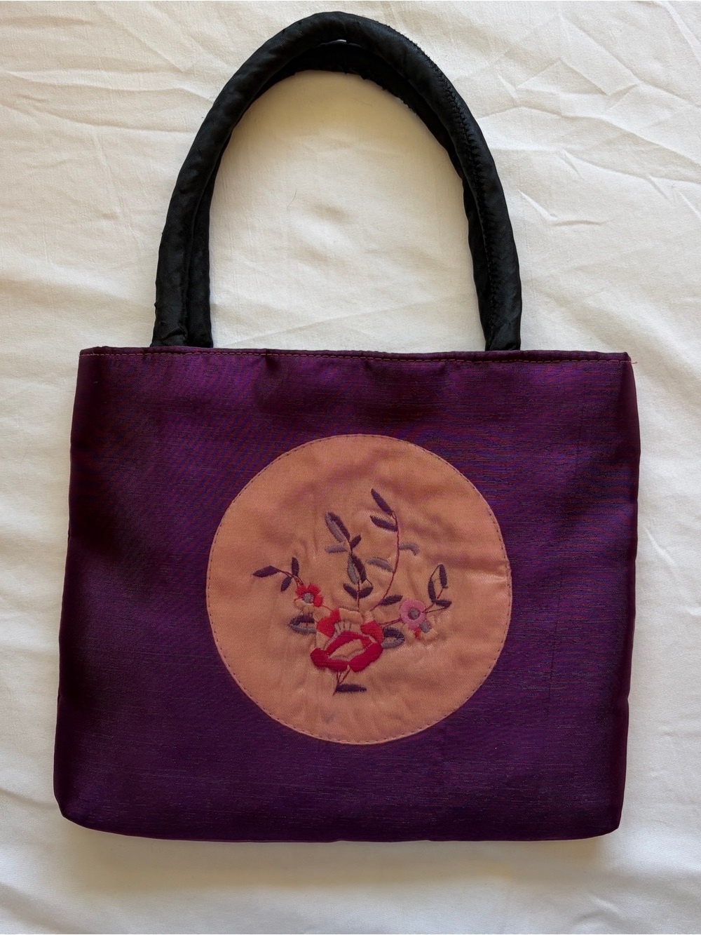 Embroidered Purple Satin Tote Bag with Floral Medallion